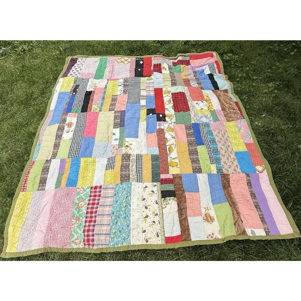 Antique Vintage 1930’s CRAZY QUILT Multi-Color Feed Sack Olive Green Back